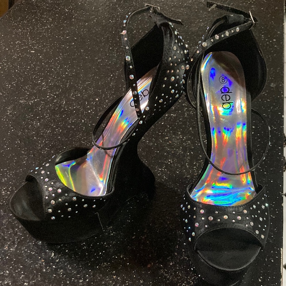 Deb Black Rhinestone Heel-less High Heels 8 NWOT